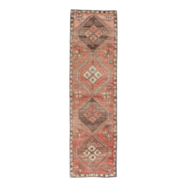 Geometric Vintage Turkish Oushak Runner With Medallions in Red and Brown For Sale
