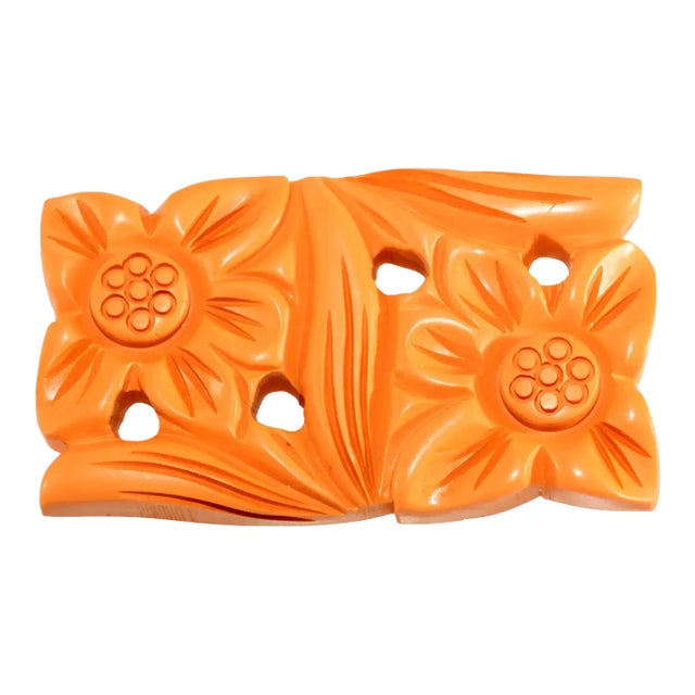 Vintage Yellow Carved Flowers Bakelite Brooch For Sale