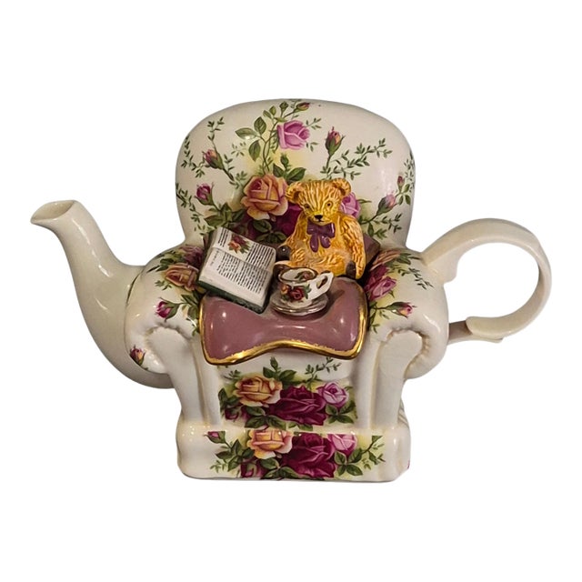 Vintage Whimsical Royal Albert Old Country Rose Teddy Bear Arm Chair Tea Pot For Sale