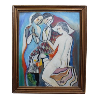 Modernist Hungarian Style Oil Painting Three Graces Homage to Béla Kádár (Framed) For Sale