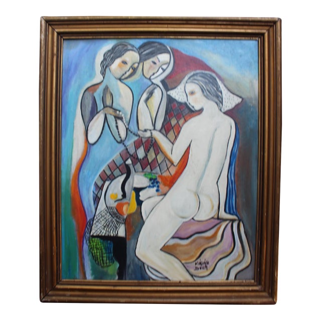 Modernist Hungarian Style Oil Painting Three Graces Homage to Béla Kádár (Framed) For Sale