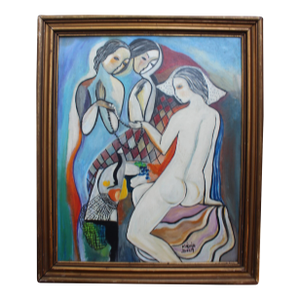 Modernist Hungarian Style Oil Painting Three Graces Homage to Béla Kádár (Framed)