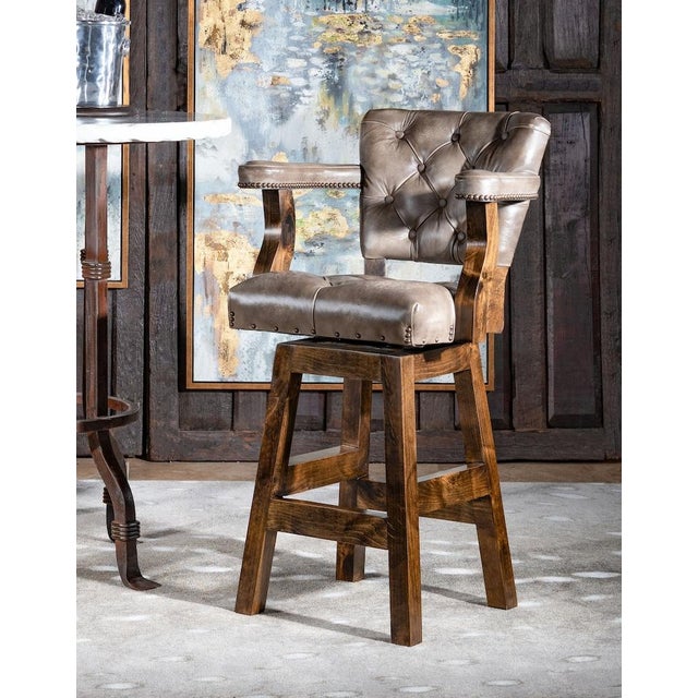 Chisum Slate Barstool | Leather | Tufted | Swivel | Modern Rustic | Arms | Grey | Taupe For Sale - Image 9 of 9