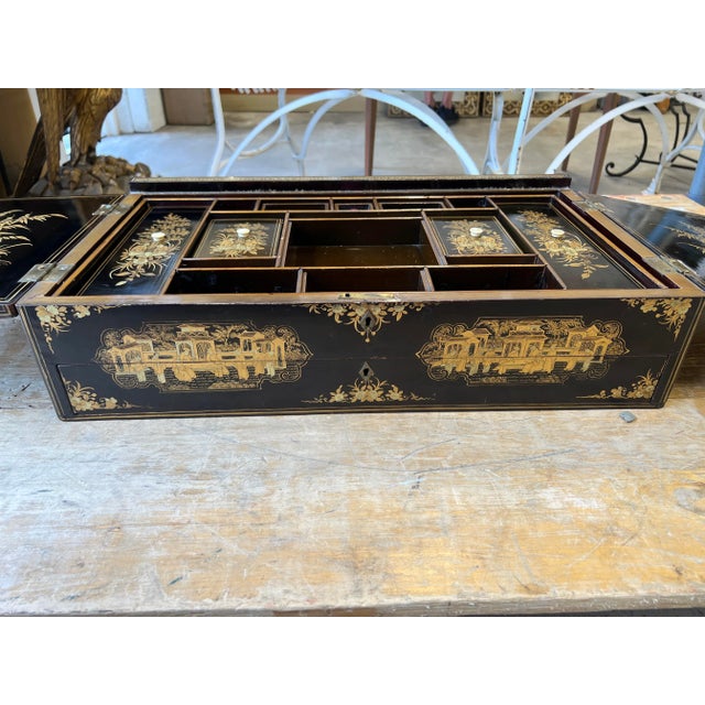 Exceptional Chinese Export Gilt Black Lacquer Chinoiserie Decorated Lap Desk For Sale - Image 9 of 12