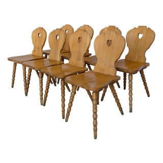 Vintage Tyrolean Farmhouse Heart Cutout Wooden Dining Chairs, 1970s, Set of 8 For Sale