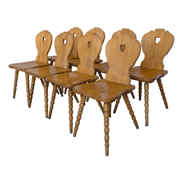 Vintage Tyrolean Farmhouse Heart Cutout Wooden Dining Chairs, 1970s, Set of 8 For Sale