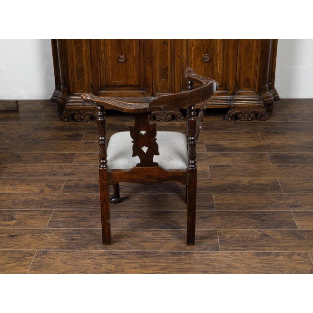English 19th Century Oak Corner Chair with Carved Foliage and New Upholstery For Sale In Atlanta - Image 6 of 10