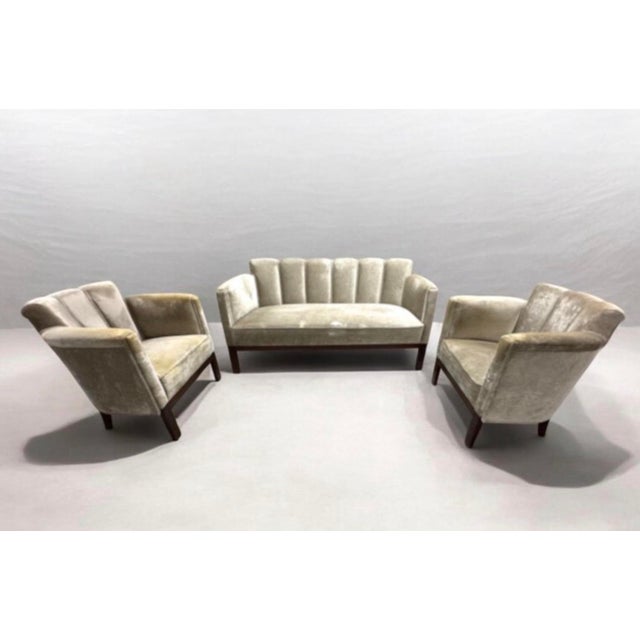 1950s Art Deco Scalloped Velvet Lounge Chairs and Sofa Set For Sale - Image 11 of 11