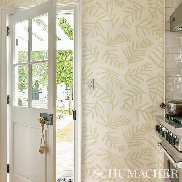 Schumacher Sample - Schumacher X Caroline Z Hurley Tiah Cove Wallpaper in Sage Leaf For Sale - Image 4 of 5