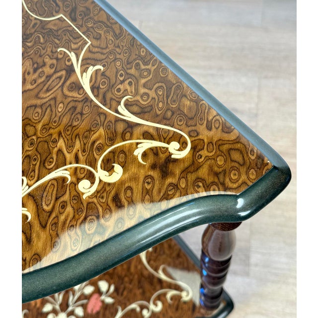 Brown Vintage Italian Rococo Marquetry Fruitwood 2-Tier Corner Shelf For Sale - Image 8 of 11