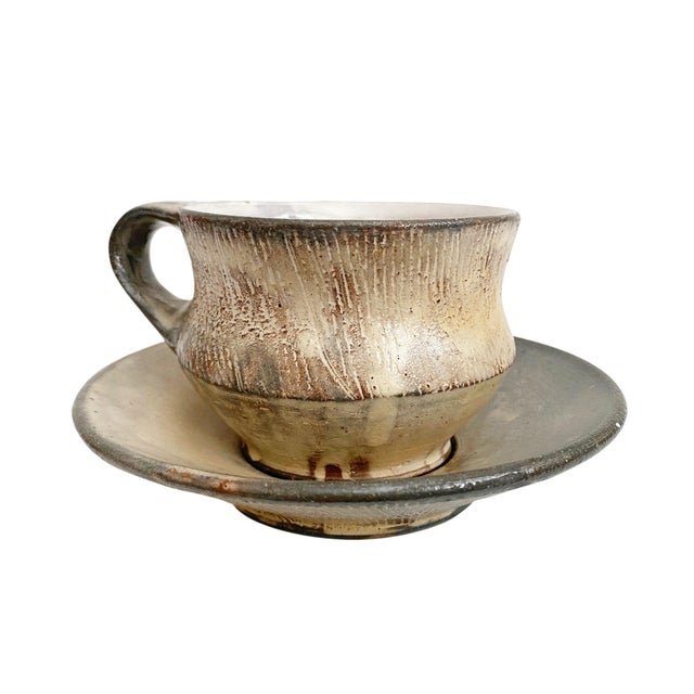 1980s Handmade Ceramic Coffee Cup and Saucer Set, Wabi Sabi Studio Pottery Mug, Earthy For Sale - Image 4 of 7