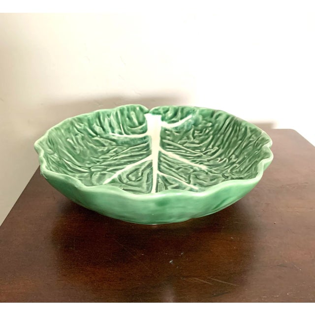 8.5" Vintage Dark Green Majolica Cabbagewear Leaf Ceramic Bowl - Made in Portugal For Sale - Image 4 of 7