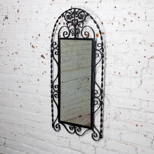 Mid-20th Century Art Deco Wall Mirror Black Painted Wrought Iron Frame W/Cast Brass Details & Arched Top For Sale - Image 4 of 18