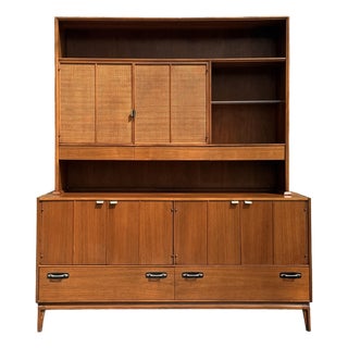 Mid-Century Caldwell Teak Cabinet Hutch With Caned Cabinet Doors For Sale