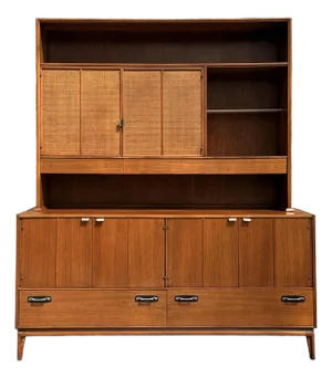Mid-Century Caldwell Teak Cabinet Hutch With Caned Cabinet Doors