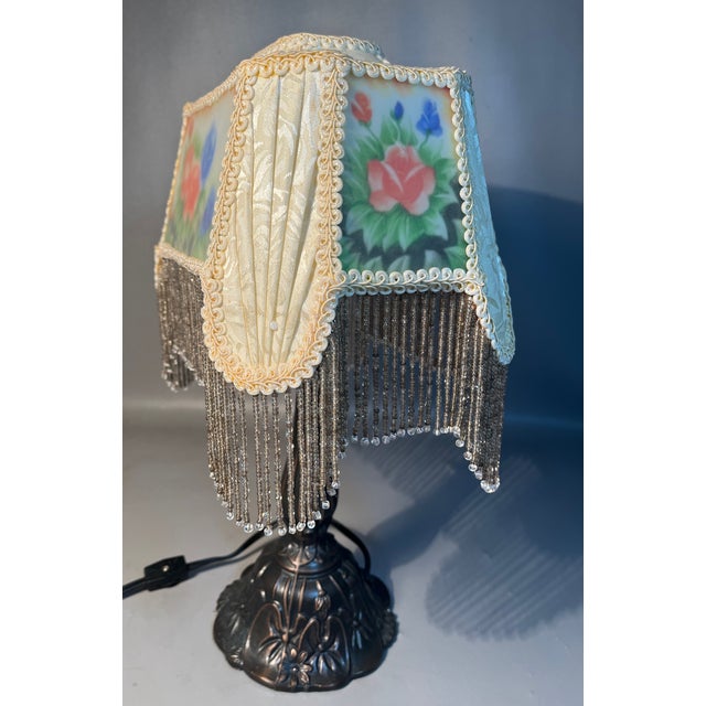 1970s Meyda Tiffany Boudoir Lamp Glynda Turley Design Reverse Painted Beaded Fringe Shade For Sale - Image 5 of 6