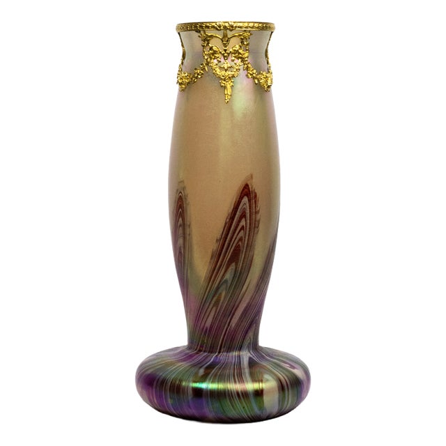 Art Nouveau Iridescent Marbled Glass Vase with Chased Gilt Metal Mount in the style of Loetz, Bohemia, 1900s For Sale