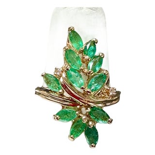 1.5 Ct Natural Emerald, Marquise Stone and 2 Diamond Ring 14 Karat Yellow Gold For Sale