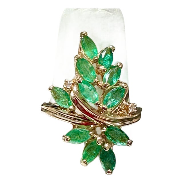 1.5 Ct Natural Emerald, Marquise Stone and 2 Diamond Ring 14 Karat Yellow Gold For Sale