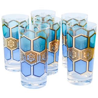 Midcentury Gold-Patterned Highballs, S/6 For Sale