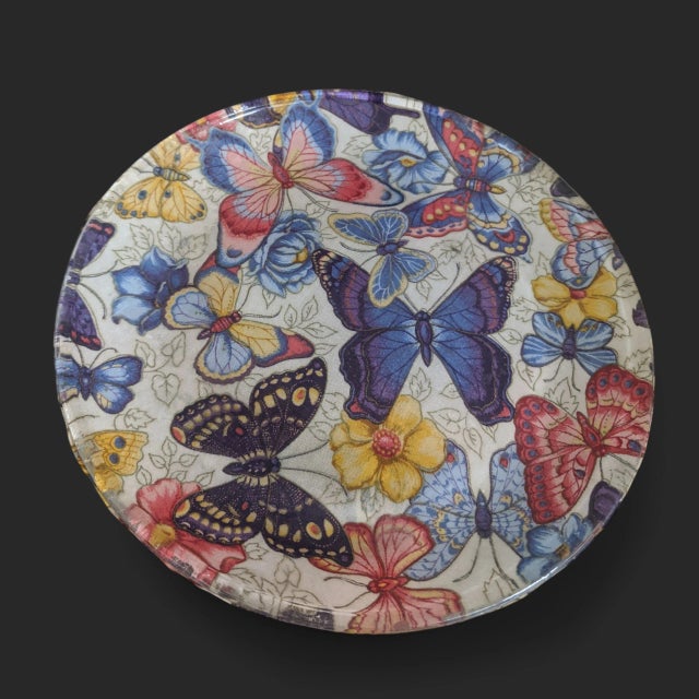 Hollywood Regency Decoupaged Butterfly Decorative Glass Plate For Sale - Image 3 of 10