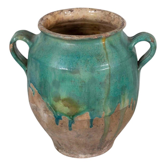 French 19th Century Turquoise and Green Glaze Confit Pot For Sale