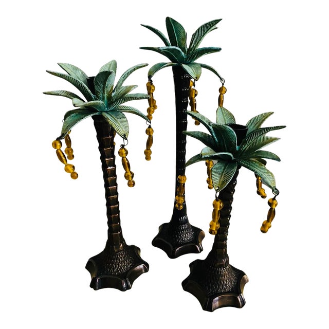 Mid 20th Century Palm Beach Regency Palm Tree Candlestick Holders - Set of 3 For Sale