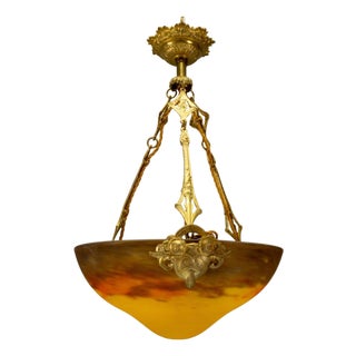 French Art Nouveau Pâte de Verre Glass and Bronze Pendant Lamp from Muller Frères, 1920 For Sale