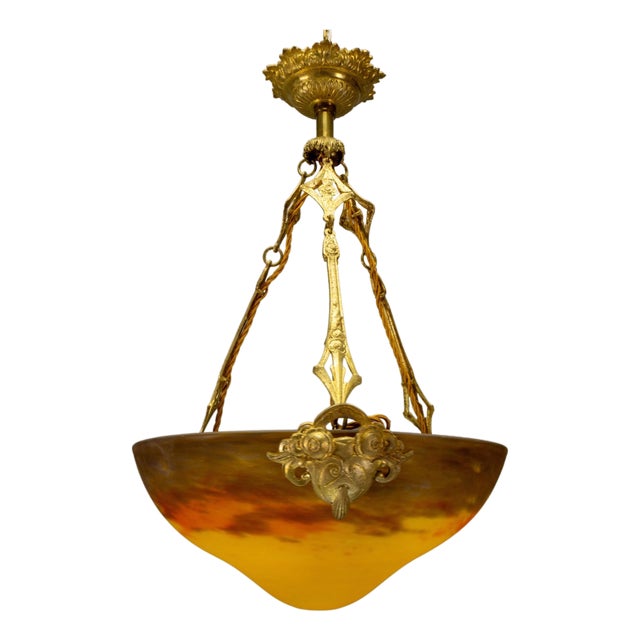French Art Nouveau Pâte de Verre Glass and Bronze Pendant Lamp from Muller Frères, 1920 For Sale