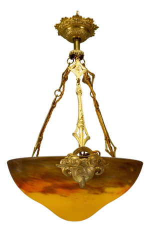 French Art Nouveau Pâte de Verre Glass and Bronze Pendant Lamp from Muller Frères, 1920