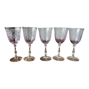 Vintage 1970's Fostoria Navarre Pink Etched Set of 5 Large Claret Wine
