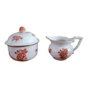 Herend Eton Rust 1950s Creamer and Sugar Bowl W/ Rose Finial - Discontinued-