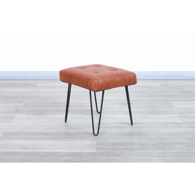 Wood Mid-Century Modern Cognac Leather and Iron Harp Leg Stools, 1950s For Sale - Image 7 of 11