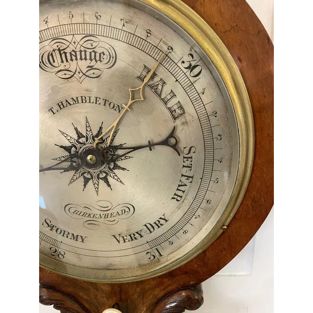 Antique Victorian Carved Banjo Barometer in Burr Walnut, 1860 For Sale - Image 9 of 12