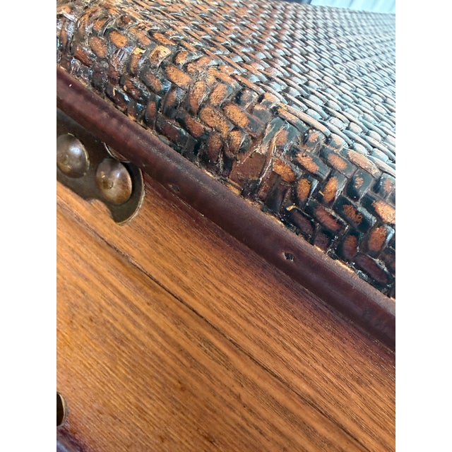 English Vintage Rattan Wrapped Decorative Suitcase Trunk For Sale - Image 3 of 12
