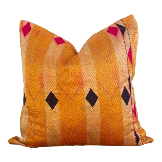 Burnt Saffron Silk Phulkari Pillow For Sale