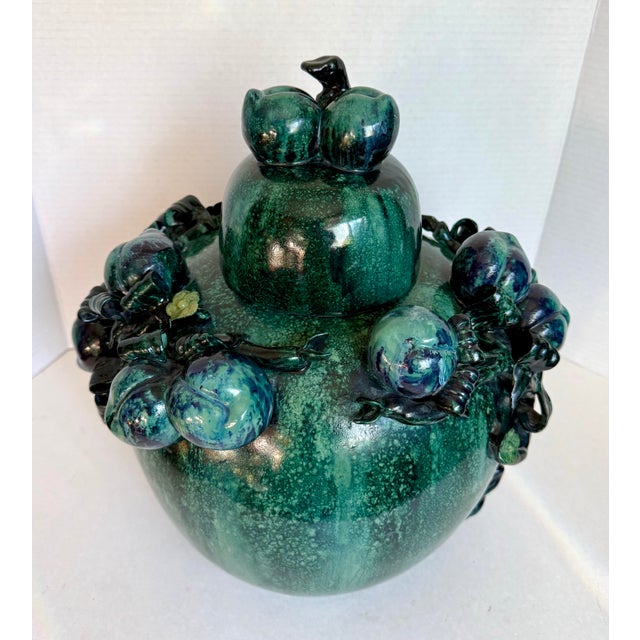 Late 20th Century Large Chinese Green & Teal Glazed Lidded Ginger Jar With Sculptural Fruit Motif For Sale - Image 5 of 12