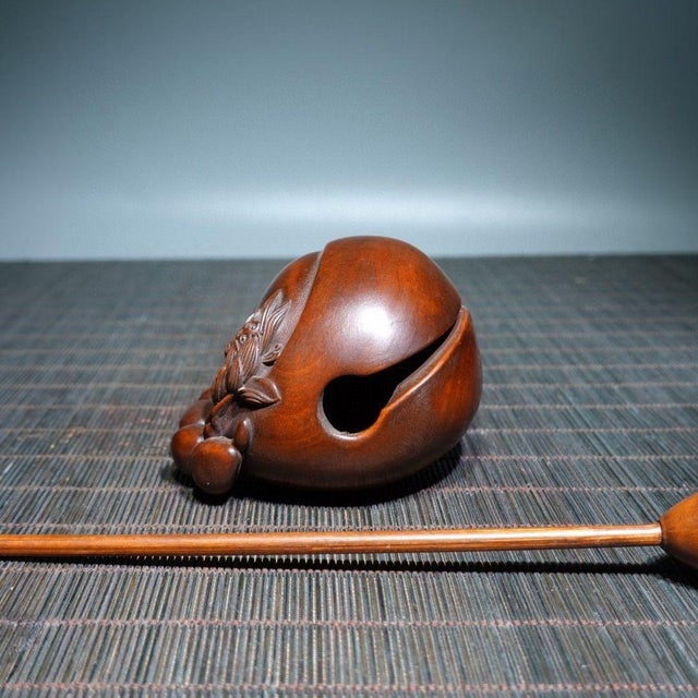 Vintage Chinese Boxwood "Lotus" Wooden Fish (Muyu) With Mallet - 115g For Sale In Los Angeles - Image 6 of 9