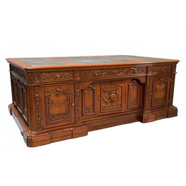 Mid-Century Modern Solid Mahogany Wood Hand Carved Office Executive Large Resolute/President Desk For Sale - Image 3 of 12