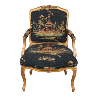 French Bergeres Carved Wood and Chinoiserie Print Armchair For Sale