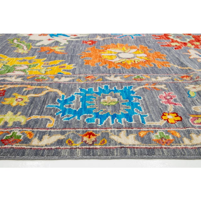 HandCrafted Modern Oushak Style Gray Wool Rug With Multicolored Floral For Sale In New York - Image 6 of 9