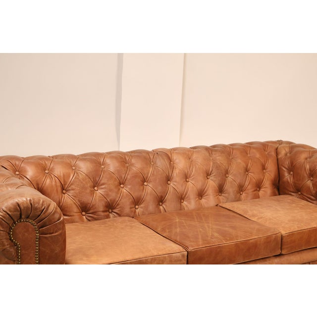 Traditional Chesterfield Style 7 Foot Distressed Brown Tufted Leather Sofa For Sale - Image 3 of 17