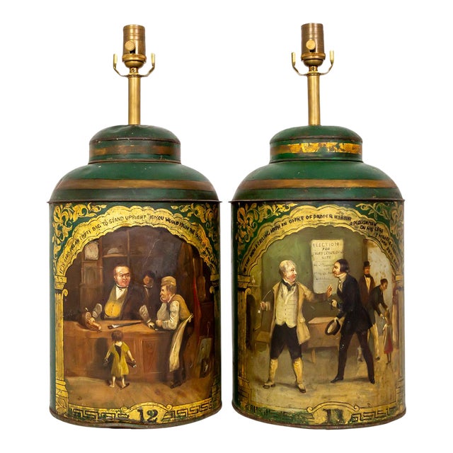 Late 19th Century Large Green Hand-Painted English Tea Canister Lamps - a Pair For Sale