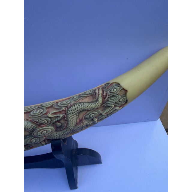 Vintage Mid-Century Chinoiserie Faux Ivory Carved Resin Dragon Tusk 23” Long Statement Piece For Sale - Image 12 of 12