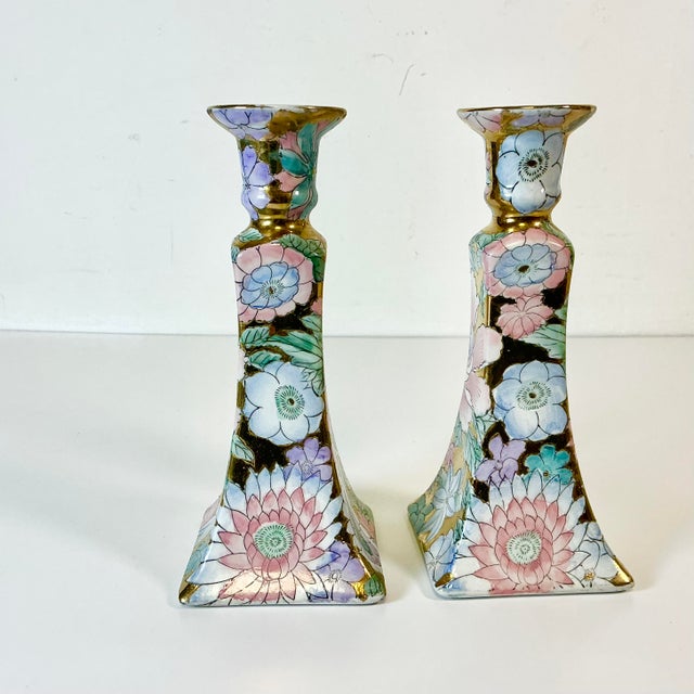 1980s Vintage Chinoiserie Boho Chic Hollywood Regency Peony Candleholders - A Pair. For Sale - Image 6 of 10