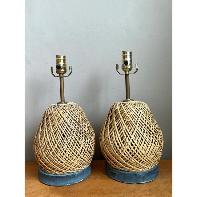 Late 20th Century Vintage Rattan and Verdigris Metal Table Lamps - Pair For Sale - Image 5 of 12