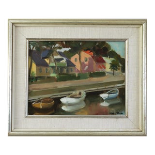 Mid-Century Modern 'Houses by the Canal' Swdish Expressionist Landscape Oil Painting, Framed For Sale