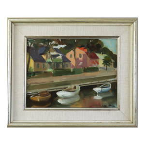 Mid-Century Modern 'Houses by the Canal' Swdish Expressionist Landscape Oil Painting, Framed