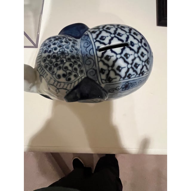 Indian Vintage Exotic Blue and White Ceramic Elephant Piggy Bank For Sale - Image 3 of 7