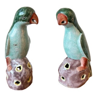 Vintage Pair of Chinese Porcelain Parrot Figurines For Sale